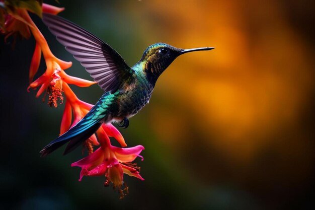 un colibri vole dans les airs avec des fleurs