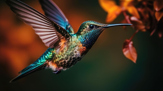 Un colibri vole devant un arbre aux feuilles d'oranger.