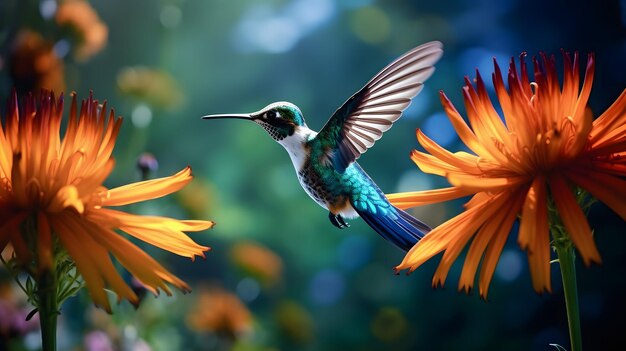 Un colibri vole d'une fleur à l'autre