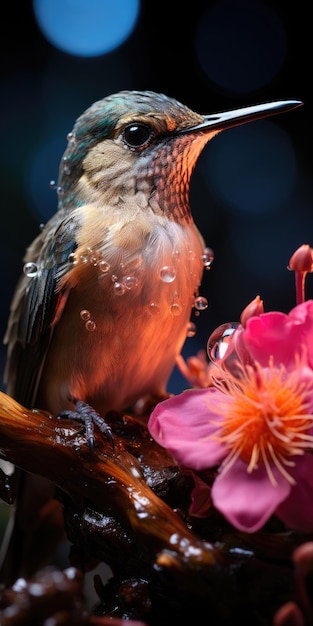 Photo un colibri vole et mange une fleur fuchsia