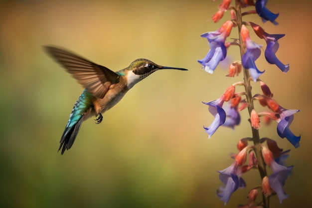 Un colibri vole près d'une fleur violette et bleue.