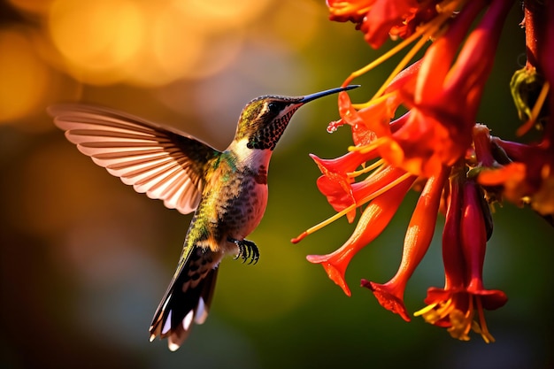 un colibri vole près d'une fleur