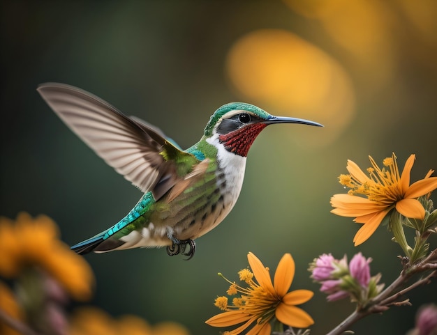 Un colibri vole près d'une fleur.