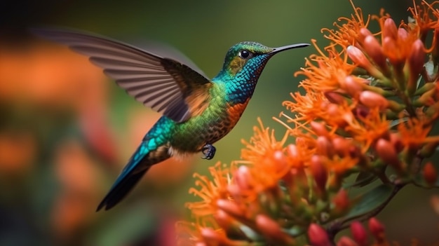 Un colibri vole près d'une fleur.