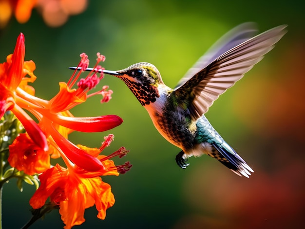 Un colibri vole vers une fleur et il est sur le point de boire.