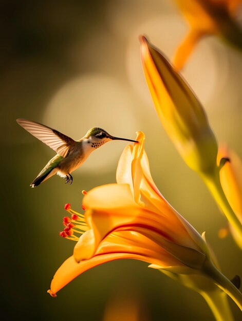 Un colibri vole vers une fleur jaune