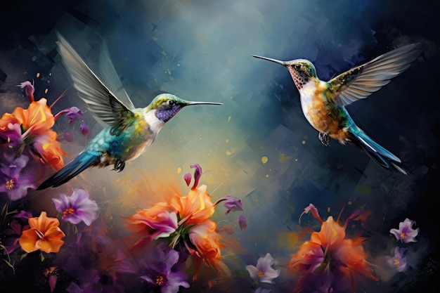 Photo des colibris volant au-dessus de fleurs aux couleurs vives une peinture de deux oiseaux aux plumes bleues et vertes générée par ai