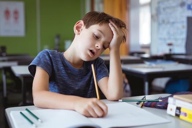 Écolier caucasien fatigué en classe assis au bureau, tenant la tête et écrivant