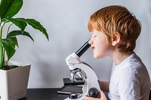 Écolier utilisant un microscope, recherchant des lunettes avec du matériel de laboratoire, concept d'enfants de laboratoire scientifique