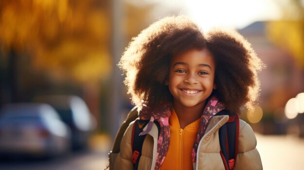 Écolière afro-américaine souriante avec sac à dos allant à l'école