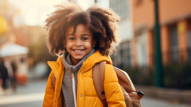 Écolière afro-américaine souriante avec sac à dos allant à l'école