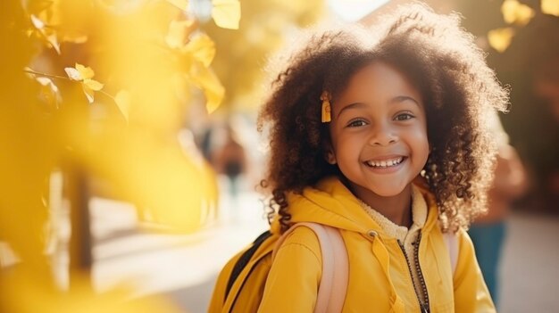 Écolière afro-américaine souriante avec sac à dos allant à l'école