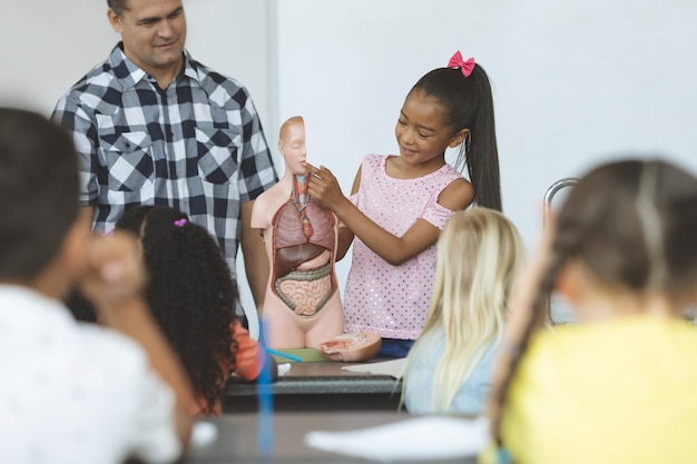 Écolière métisse debout derrière le bureau du professeur montrant un squelette factice à d'autres écoliers