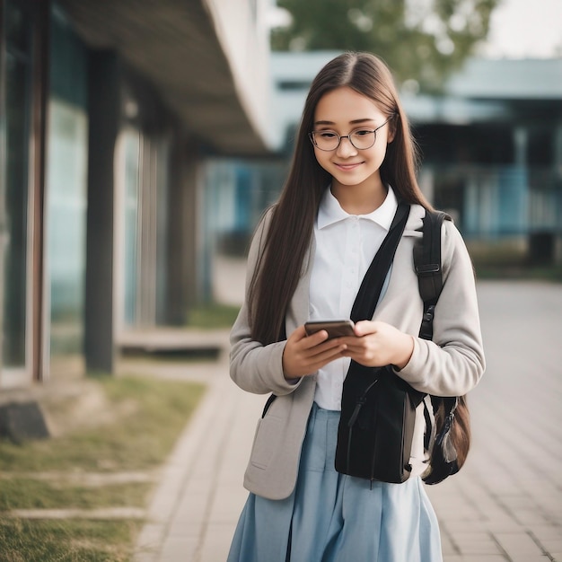 Écolière utilisant le téléphone