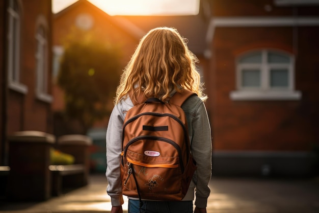 Écolière va à l'école avec son sac à dos sur son dos à l'école Generative ai