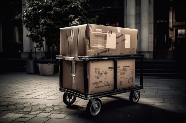 Un colis de courrier emballé et prêt à être livré placé sur un chariot de courrier professionnel