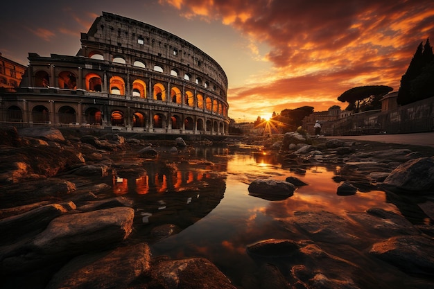 Colisée au coucher du soleil en couleurs rouges Rome Italie
