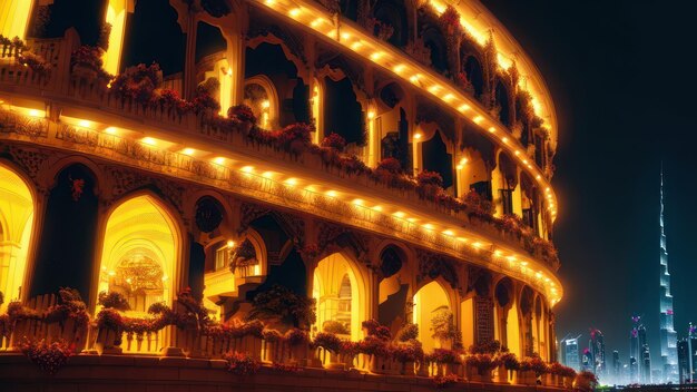 Le colisée romain la nuit avec des lumières sur les murs