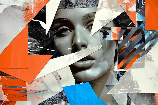 un collage abstrait complexe avec diverses formes chevauchées, des textures et un beau modèle féminin