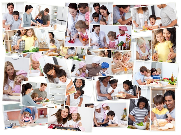 Collage d&#39;adultes cuisinant avec leurs enfants