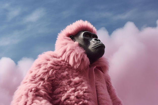 Collage ai généré d'une personne étrange avec un visage de singe chimpanzé portant un vêtement moelleux rose sous les nuages du ciel