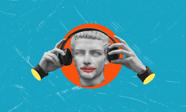 Collage d'art d'art contemporain pop numérique Casque à la main sur fond bleu Écouter
