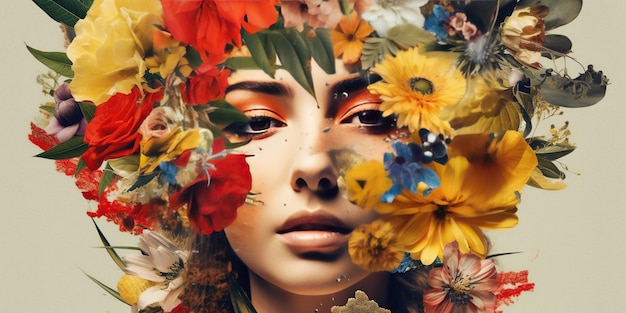 Collage d'art contemporain abstrait portrait d'une jeune femme avec des fleurs sur le visage la cache