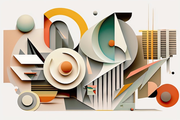 Collage d'art moderne abstrait avec des formes géométriques et des figures sur fond blanc créé avec gener
