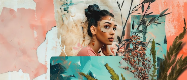 Collage d'art moderne jeune fille élégante sort du moniteur à la recherche d'un nouvel emploi concept de créativité motivation d'emploi d'affaires copier de l'espace pour la publicité design rétro