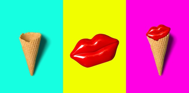 Un collage d'art pop avec des lèvres rouges sexy et des cônes de gaufres