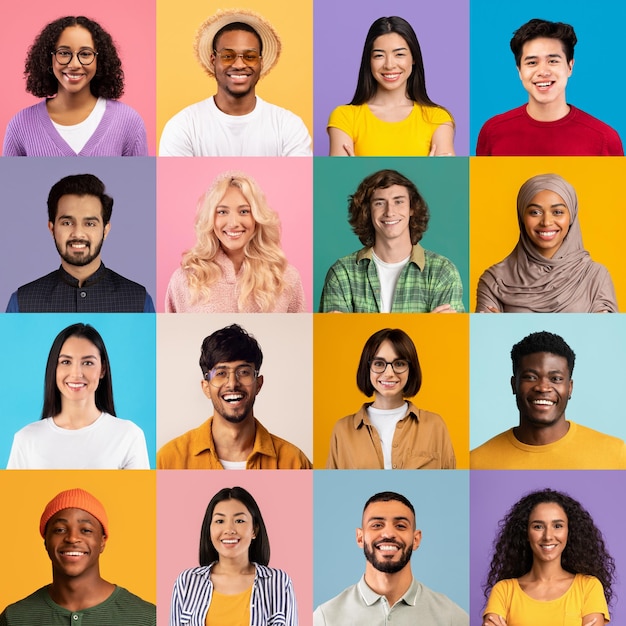 Collage d'avatars de jeunes multiraciaux heureux sur fond de studio