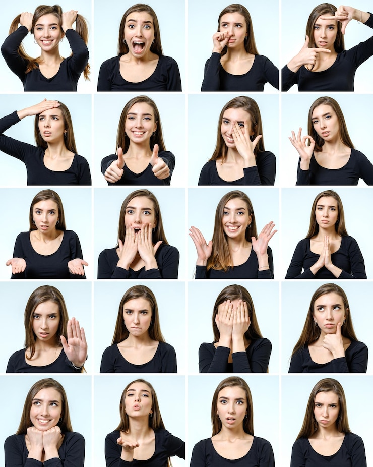 Photo collage d'une belle fille avec différentes expressions faciales