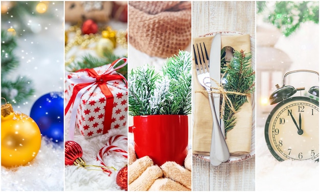 Collage avec de belles photos de Noël. Mise au point sélective.