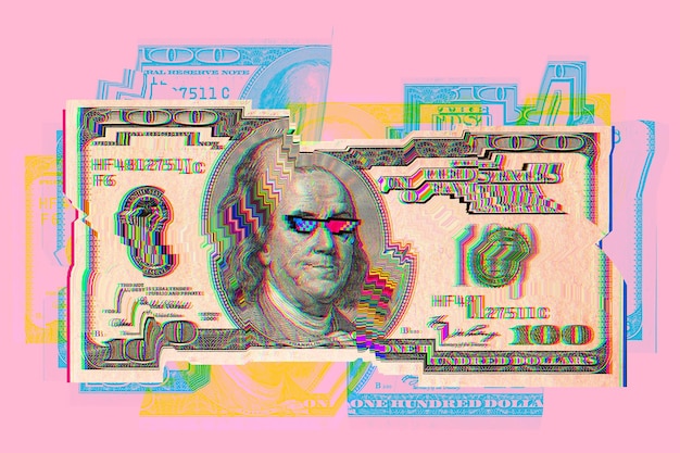 Collage avec un billet de cent dollars dans un style surréaliste. Image conceptuelle créative moderne avec la tête de Benjamin Franklin dans des lunettes pixel. Culture zine. Affiche d'art contemporain. Art crypto punk funky.