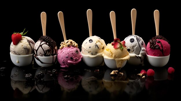 Photo collage de boules de crème glacée avec des boules et des garnitures de chocolat à la vanille et de baies