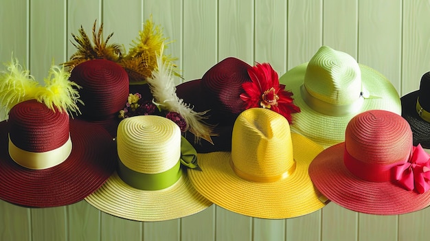 Photo un collage de chapeaux d'église élégants pour femmes avec des plumes ou des fleurs de bonbons multicolores rouge pomme et un chapeau de soleil pour femmes jaune sans plumes