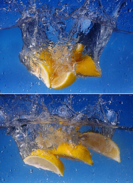 Collage Citron entier tombé dans l'eau sur fond bleu dégradé