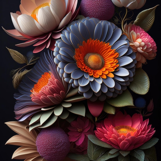 Un collage coloré de fleurs et de feuilles