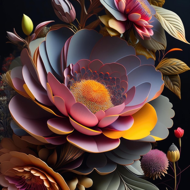 Un collage coloré de fleurs et de feuilles