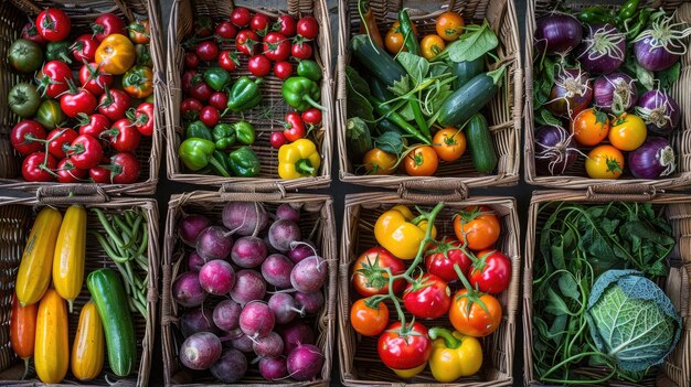 Photo collage coloré de légumes fraîchement récoltés disposés dans des paniers en osier mettant en évidence la diversité et les avantages nutritionnels des cultures indigènes