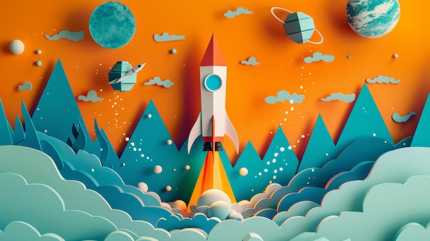 Collage contemporain avec un origami représentant le lancement de la fusée spatiale Explorant et recherchant des concepts commerciaux