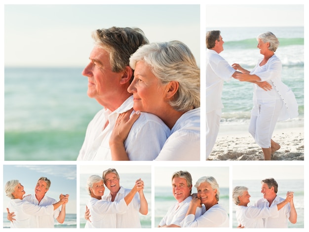 Collage d&#39;un couple de personnes âgées partageant de bons moments ensemble sur une plage