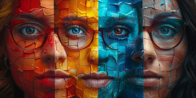 Photo collage créatif du visage d'une femme fait de verre brisé concept artistique