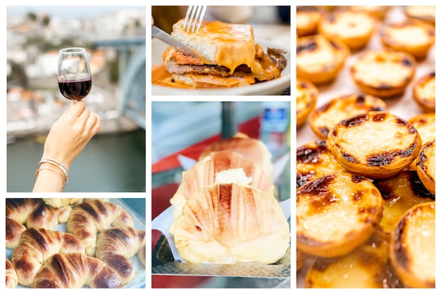 Collage de la cuisine portugaise traditionnelle Francesinha, Pastel de Nata, Croissant et vin de Porto