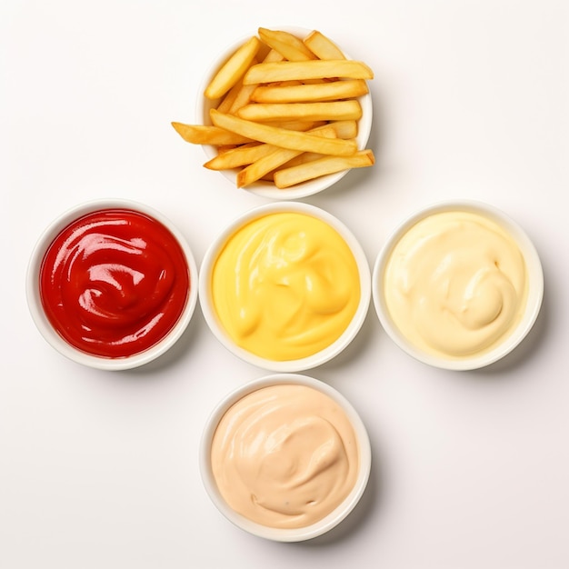 Photo collage de délicieuses frites avec du ketchup et de la mayonnaise dans des bols différents