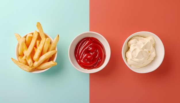 Collage de délicieuses frites avec ketchup et mayonnaise sur fond coloré vue supérieure