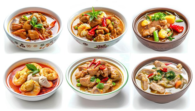 Collage de délicieux curry de poulet sur fond blanc