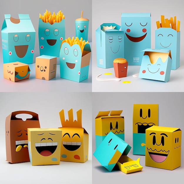 Un collage de différentes boîtes de frites et un visage souriant.