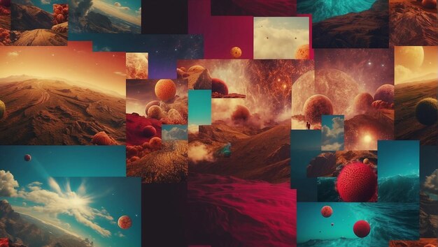 un collage de différentes images qui ressemblent à des paysages extraterrestres en couleurs orange rouge et bleue