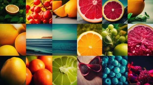 Photo collage de différents fruits et tranches d'agrumesxa